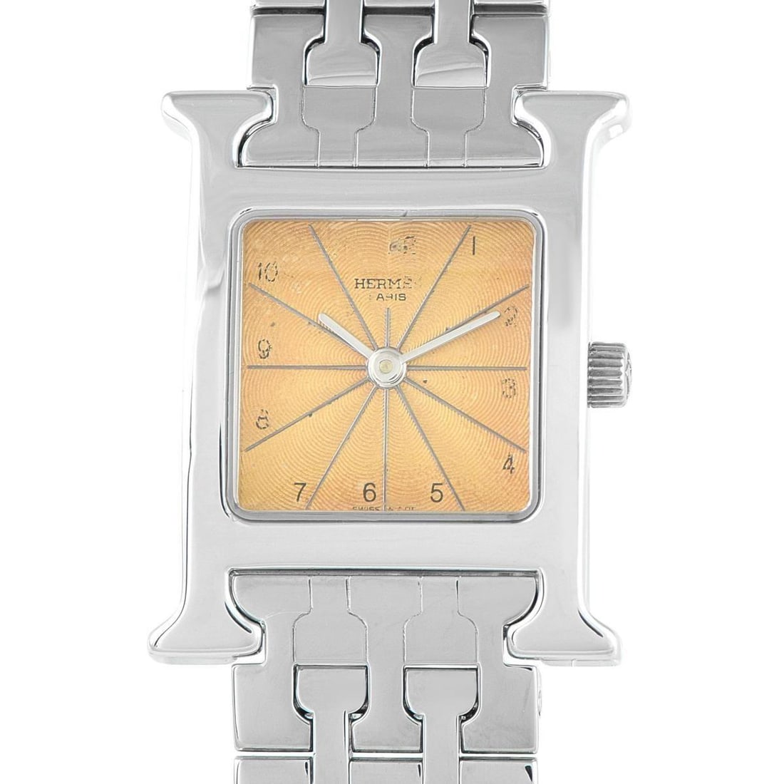 HERMES HERMES HEURE H STEEL QUARTZ WATCH: In this particular Herms Heure ref. HH1.201 watch, the iconic H-shaped case is paired with a vivid off white dial detailed with baton hands and fine radiating lines. Thin yet crisp Arabic numeral hour