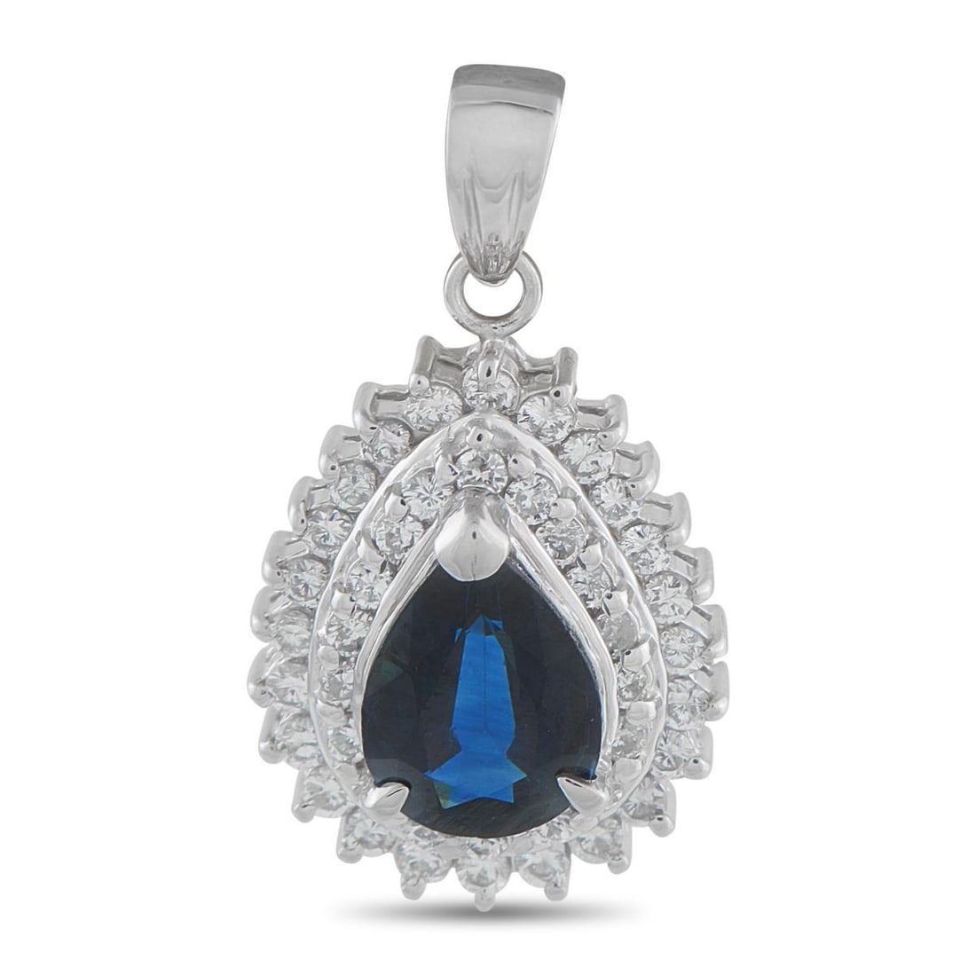 PLATINUM 0.49CT DIAMOND AND SAPPHIRE PENDANT: This luxury pendant features a sophisticated design that will continually impress. Crafted from Platinum, a 1.67 carat Sapphire serves as a stunning focal point. Its surrounded by an array of sparklin