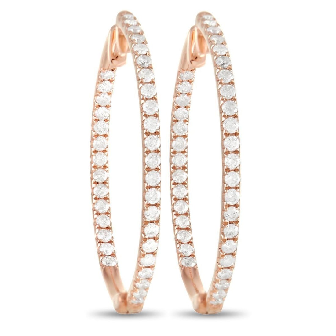 14K ROSE GOLD 1.0CT DIAMOND HOOP EARRINGS: These stylish hoop earrings are poised to make a sparkling statement. Each one of these bold 1 round hoops is made from opulent 14K Rose Gold and comes complete with a series of shimmering round-cut