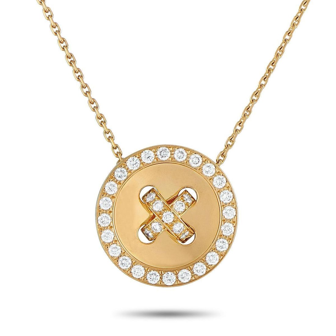 VAN CLEEF & ARPELS BOUTONNIRE 18K YELLOW GOLD DIAMOND NECKLACE: A stylish button-shaped pendant makes this Van Cleef & Arpels Boutonnire necklace endlessly charming. Inset Diamonds both at the center and around the perimeter of the 18K Yellow Gold pendant add a