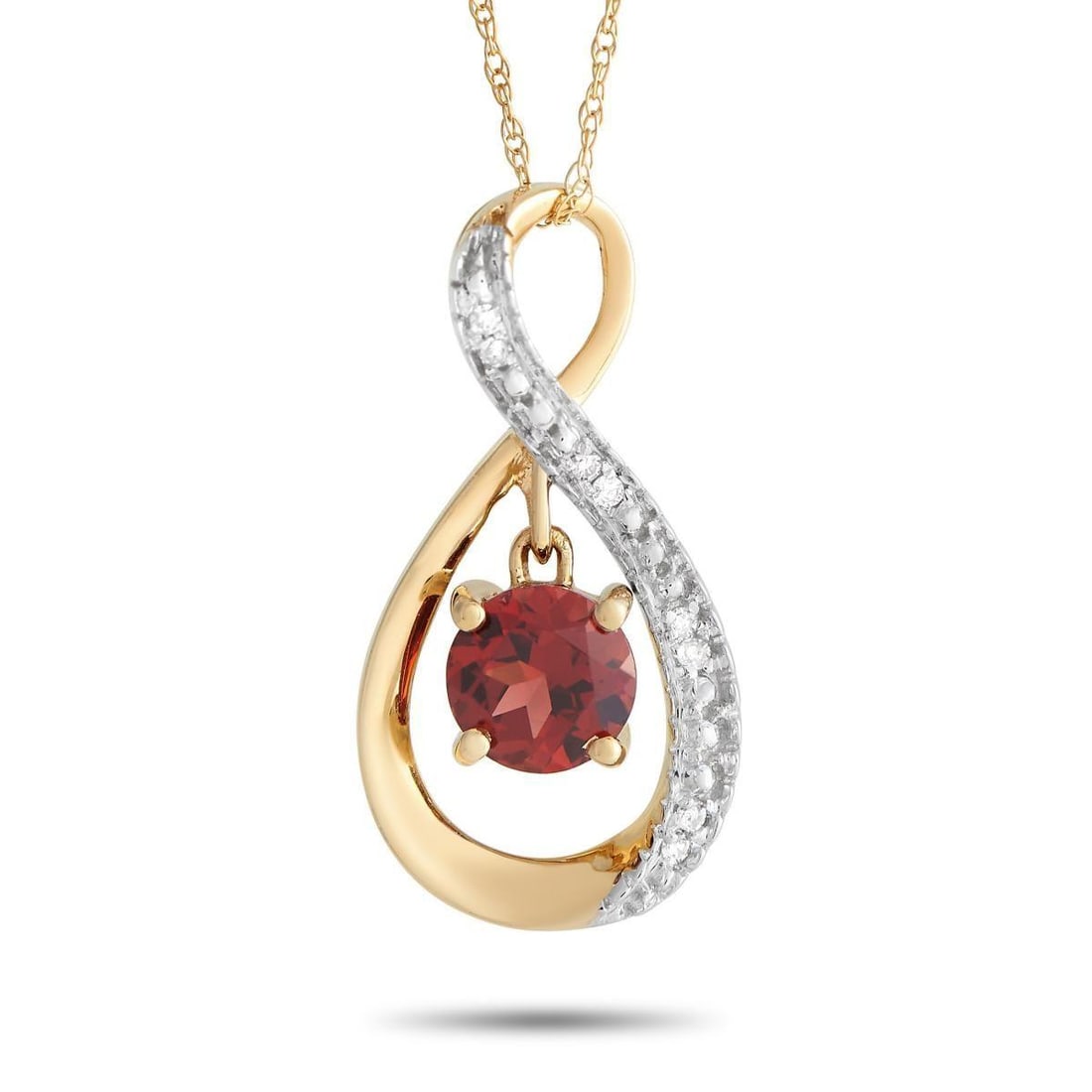 14K YELLOW GOLD DIAMOND AND 0.03CT GARNET PENDANT NECKLACE: Golden and glamorous, this necklace will instantly bring a touch of brilliance to any look. This piece features an 18-inch double cable chain with a spring ring clasp. It holds a looped-style