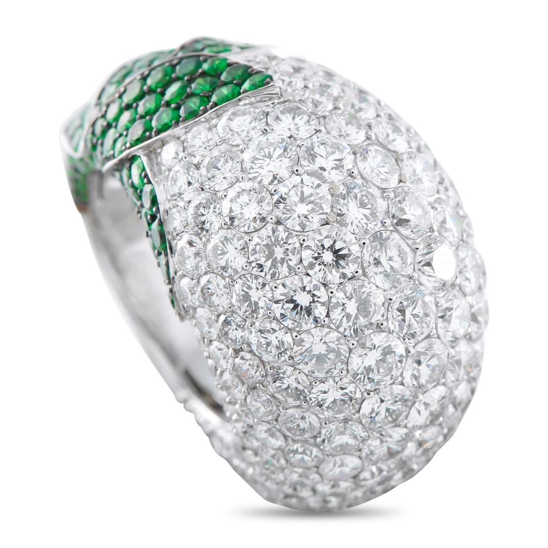 18K WHITE GOLD 9.50CT DIAMOND AND SAPPHIRE RING: This luxury ring will continually captivate. Pave Diamonds totaling 9.50 carats allow this piece to seemingly radiate light. At the side of the domed 18K White Gold setting, Sapphires totaling 1.85 ca