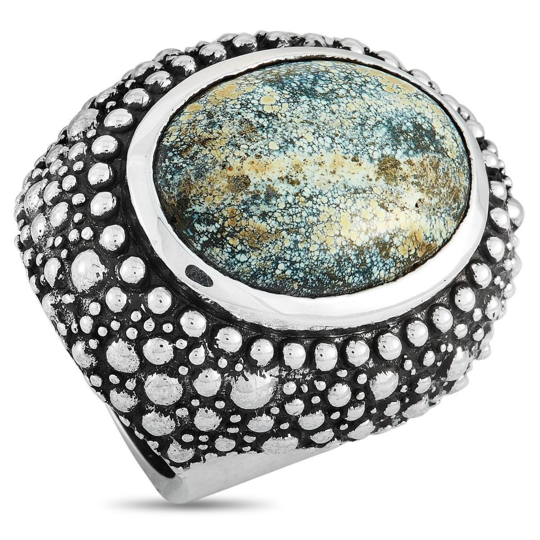 KING BABY SILVER AND SPOTTED TURQUOISE BEADED TEXTURE RING: This King Baby ring is crafted from silver and set with a spotted turquoise. The ring weighs 68.1 grams and boasts band thickness of 10 mm and top height of 13 mm, while top dimensions measure 27 by 3