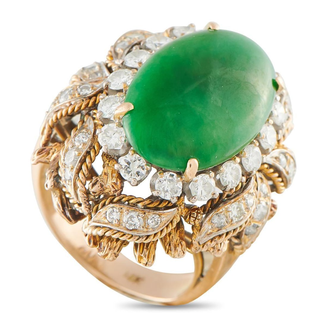 14K ROSE GOLD 1.0CT DIAMOND AND JADE RING: An intricate 14K Rose Gold setting fills this luxury ring with dynamic details. Exquisitely crafted, Diamonds with a total weight of 1.0 carats surround the Jade center stone and add sparkle to the ov