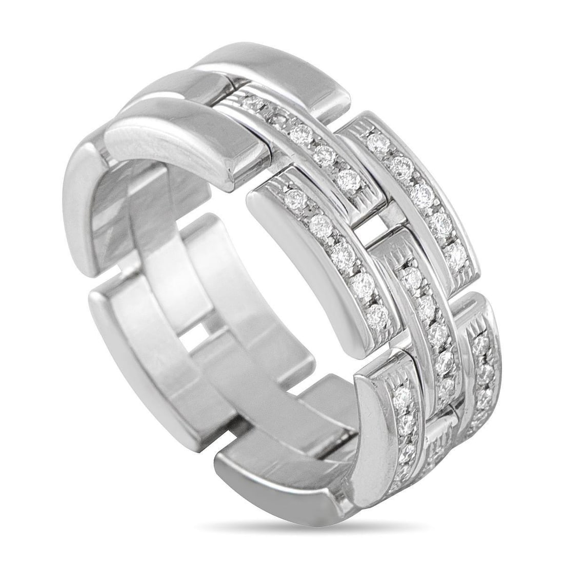 CARTIER MAILLON PANTHERE 18K WHITE GOLD DIAMOND HALF-PAVE TRIPLE ROW RING: Fluid and elegant, the Cartier Maillon Panthre ring wraps the finger with a sleek brick-link design. Crafted in 18K white gold, it showcases a triple-row structure where half of the links are finely p
