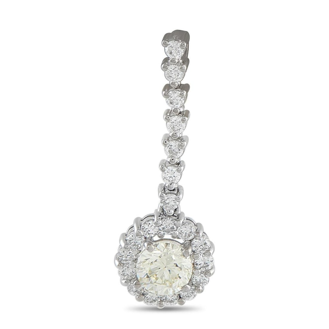 18K WHITE GOLD 1.68CT DIAMOND PENDANT: This dangling pendant features a classic design that will never go out of style. Set in 18K White Gold, it features a 1.0 carat round-cut Diamond center stone and additional Diamond accents with a tot