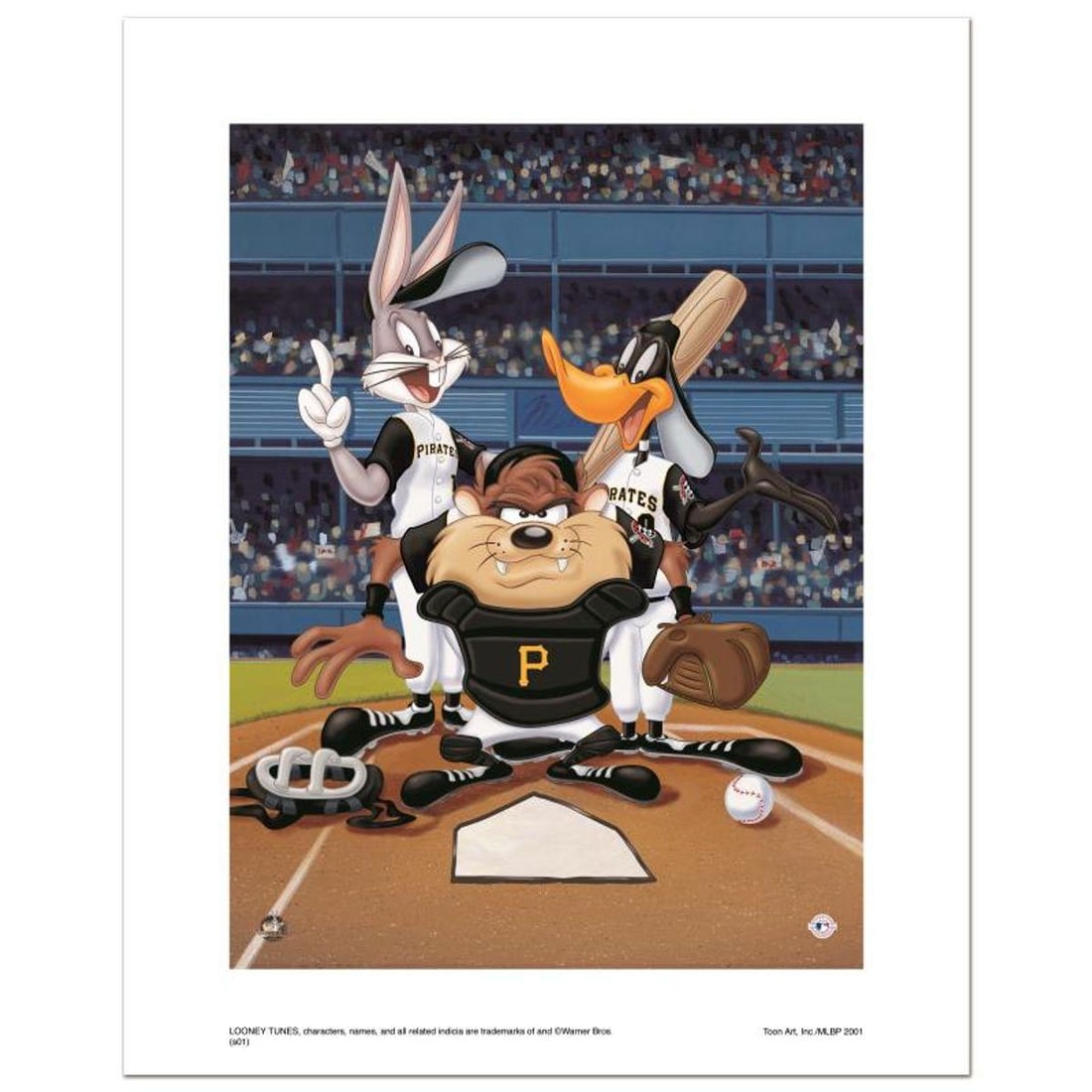 At the Plate (Pirates) Numbered Limited Edition Giclee from Warner Bros. with Certificate of: At the Plate (Pirates) is a limited edition giclee on paper from Warner Bros. featuring iconic Looney Tunes characters in Pittsburgh Pirates MLB uniforms. It comes numbered, with hologram seal, and a