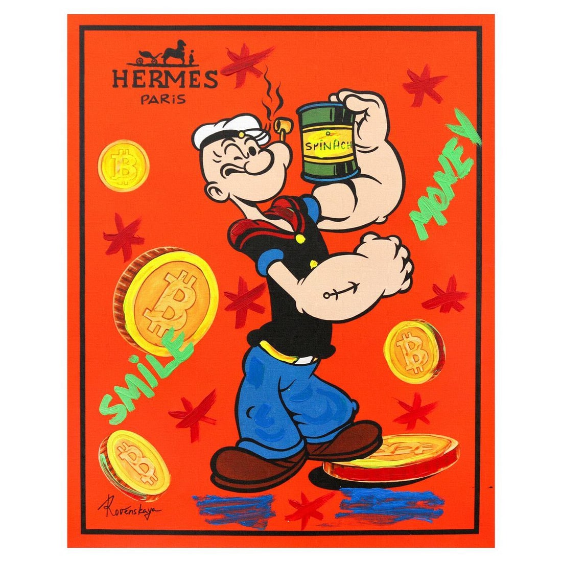 Nastya Rovenskaya- Mixed Media on Canvas "Pumped Coin": Artist: Nastya Rovenskaya. Medium: Mixed Media on Canvas. Title: Pumped Coin. Size: 30" x 24". Signature: Hand Signed. Certificate of Authenticity: Is included. Reference#: 36562.