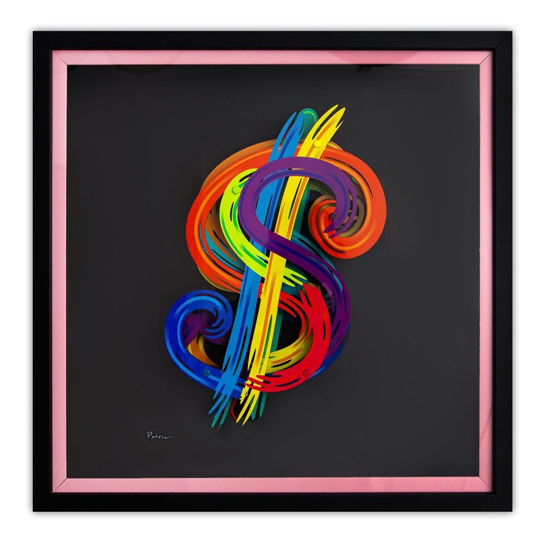 Patricia Govezensky- 3D Multilayered Woodcut "$": Artist: Patricia Govezensky. Medium: 3D Multilayered Woodcut. Title: $. Size: 13" x 10". Measures approx. 20" x 20" (framed). Signature: Hand Signed by the artist. Certificate of Authenticity: Is incl