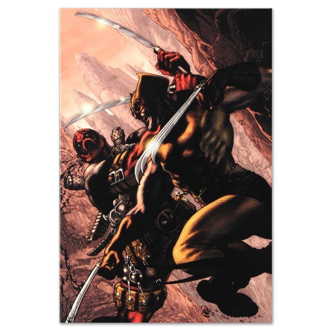Marvel Comics "Wolverine: Origins #21" Numbered Limited Edition Giclee on Canvas by Simone Bianchi: A piece of comic book history, this limited edition, from original art by Simone Bianchi, depicts Wolverine and Deadpool. Known for his use of ink wash in his work, Simone Bianchi is an Italian comic