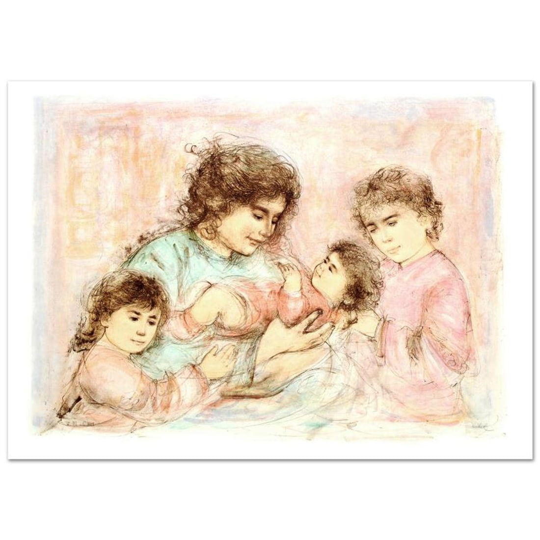 Marilyn and Children Limited Edition Lithograph (37" x 27") by Edna Hibel (1917-2014), Numbered and: Marilyn and Children is a limited edition lithograph on paper, numbered and hand signed by Edna Hibel (1917-2014). Includes Certificate of Authenticity! Measures approx. 41.5" x 30" (with border), 37"