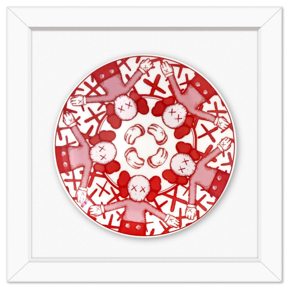 Kaws- Porcelain Plate: Artist: Kaws. Medium: Porcelain Plate. Size: 9" x 9". Measures approx. 13" x 13" (framed). Certificate of Authenticity: Is included. Reference#: 49175.