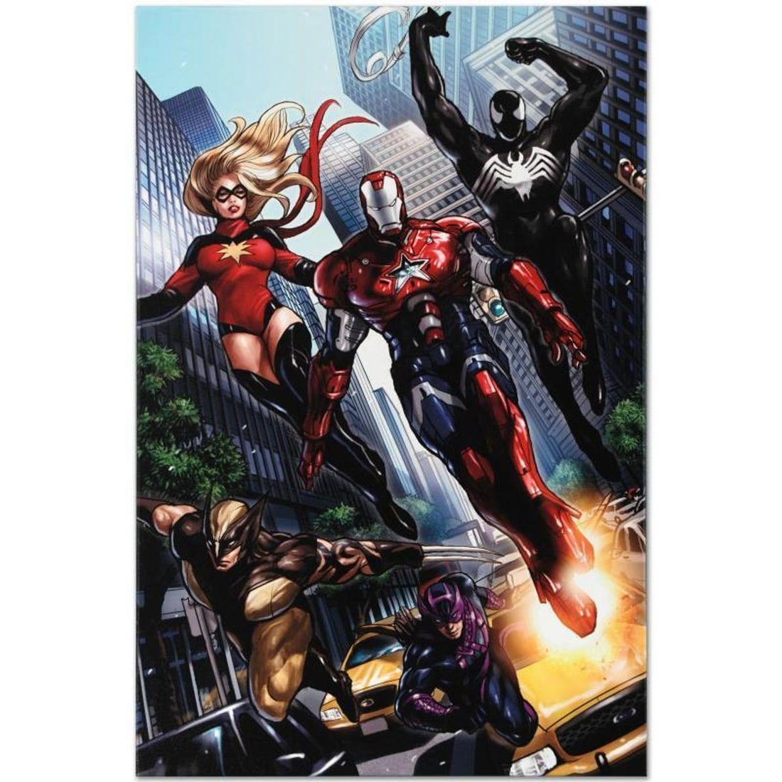 Marvel Comics "Ms. Marvel #44" Numbered Limited Edition Giclee on Canvas by Sana Takeda with COA.: A piece of comic book history, this limited edition, from original art by Sana Takeda, depicts Iron Patriot, Wolverine, Hawkeye, Ms. Marvel, and Spider-Man. Sana Takeda is a Japanese artist who has wo