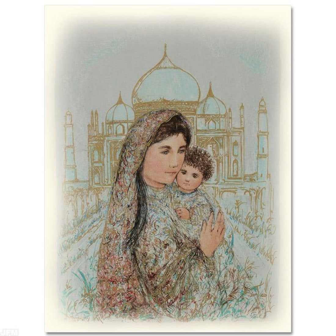 Majesty at the Taj Mahal Limited Edition Lithograph by Edna Hibel (1917-2014), Numbered and Hand: Majesty at the Taj Mahal is a limited edition lithograph on rice paper, numbered and hand signed by Edna Hibel (1917-2014). Includes Certificate of Authenticity! Measures approx. 22" x 30" (with borde