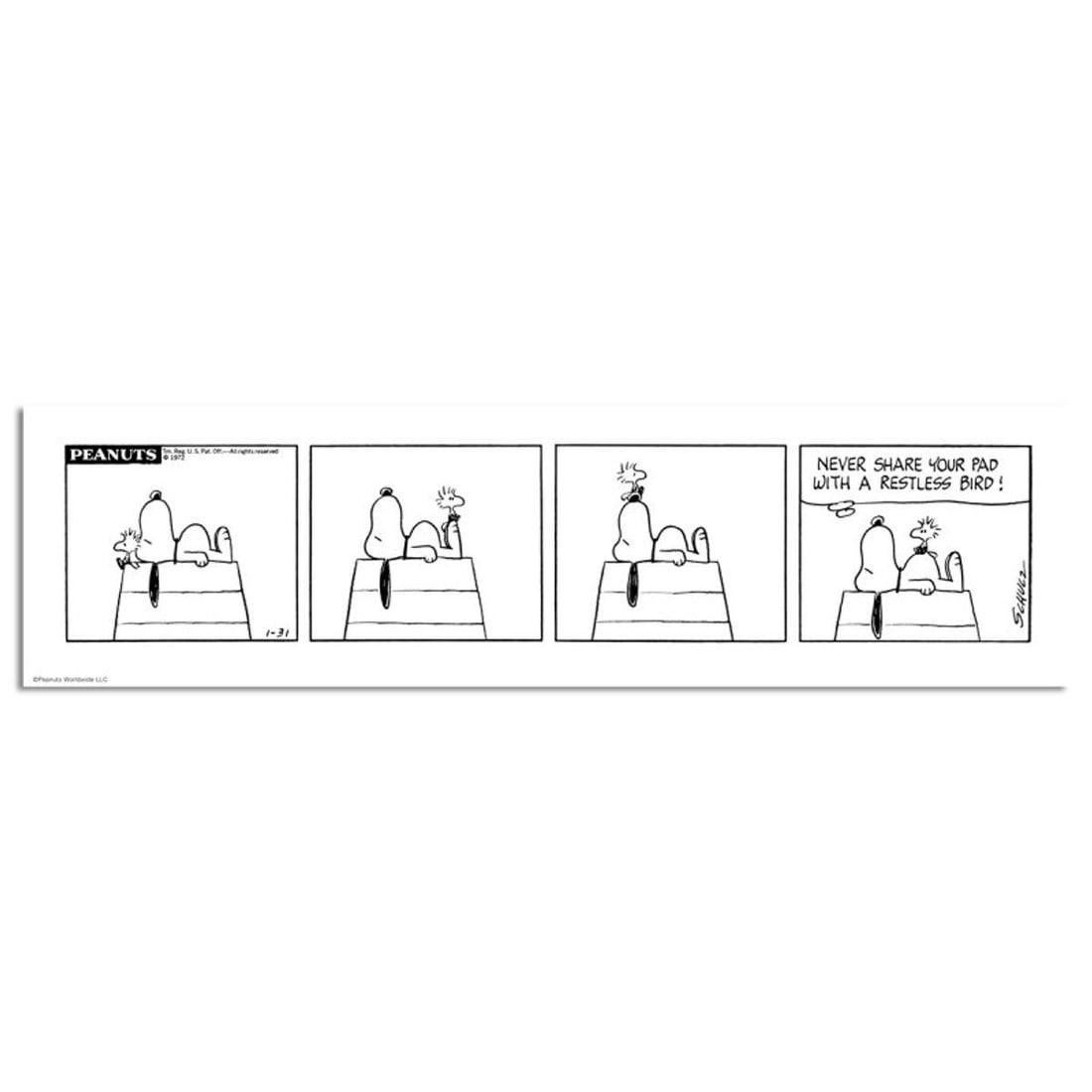 Peanuts, "Restless Bird (panel)" Hand Numbered Limited Edition Fine Art Print with Certificate of: A vibrant and striking edition portraying the simple yet emotive art of Charles. M. Schulz, creator of PEANUTS . You'll love the color, it really POPS in person! It looks incredible on the wall and wi