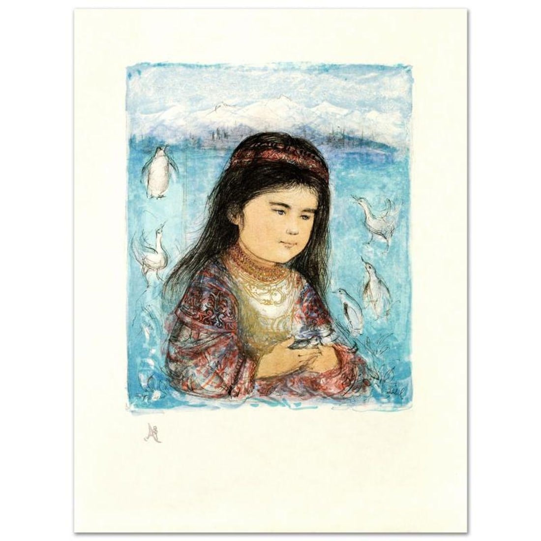 Aleut Child Limited Edition Lithograph by Edna Hibel (1917-2014), Numbered and Hand Signed with: Aleut Child is a limited edition lithograph on rice paper, numbered and hand signed by Edna Hibel (1917-2014). Includes Certificate of Authenticity! Measures approx. 20" x 26.5" (with border), 14" x 1