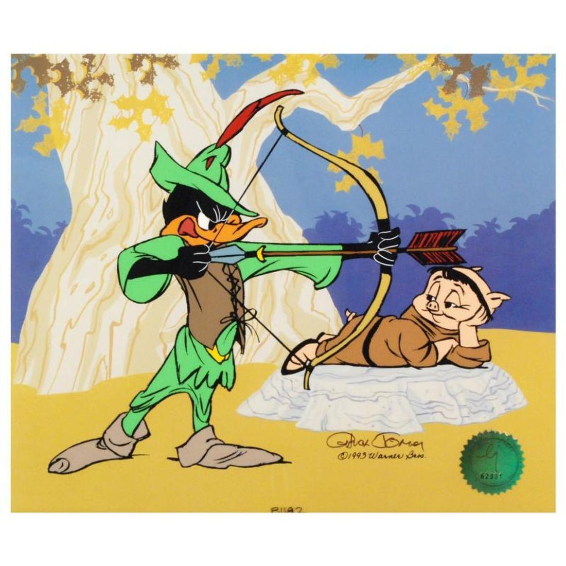 Robin Hood: Bow & Error Limited Edition Animation Cel with Hand Painted Color. Numbered and Hand: Own this amazing piece based on the original line image hand drawn and hand-inked on paper by Chuck Jones! "Robin Hood: Bow & Error" is a limited edition animation cel from a sold out edition with han
