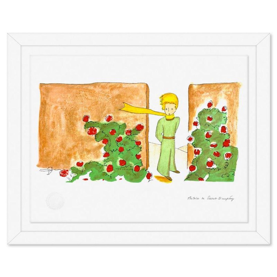 Antoine de Saint-Exupery 1900-1944 (After), "The Little Prince In The Garden" Framed Limited Edition: The Little Prince In The Garden is a limited edition lithograph on paper by Antoine de Saint-Exupery 1900-1944 (After), bearing the plate signature of the artist.This piece comes from an edition of 30