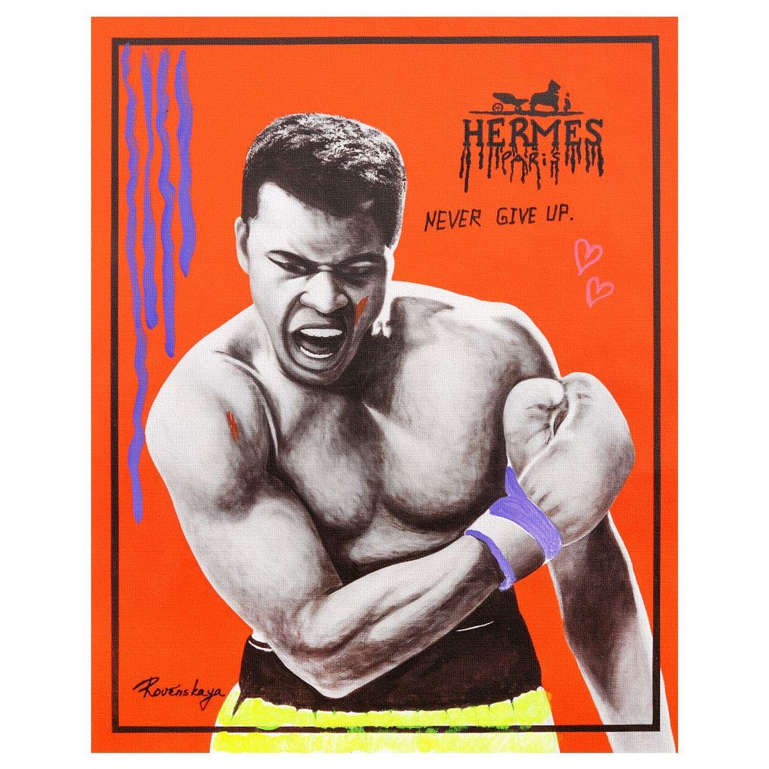 Nastya Rovenskaya- Mixed Media on Canvas "I am the Greatest": Artist: Nastya Rovenskaya. Medium: Mixed Media on Canvas. Title: I am the Greatest. Size: 20" x 16". Signature: Hand signed. Certificate of Authenticity: Is included. Reference#: 26318.