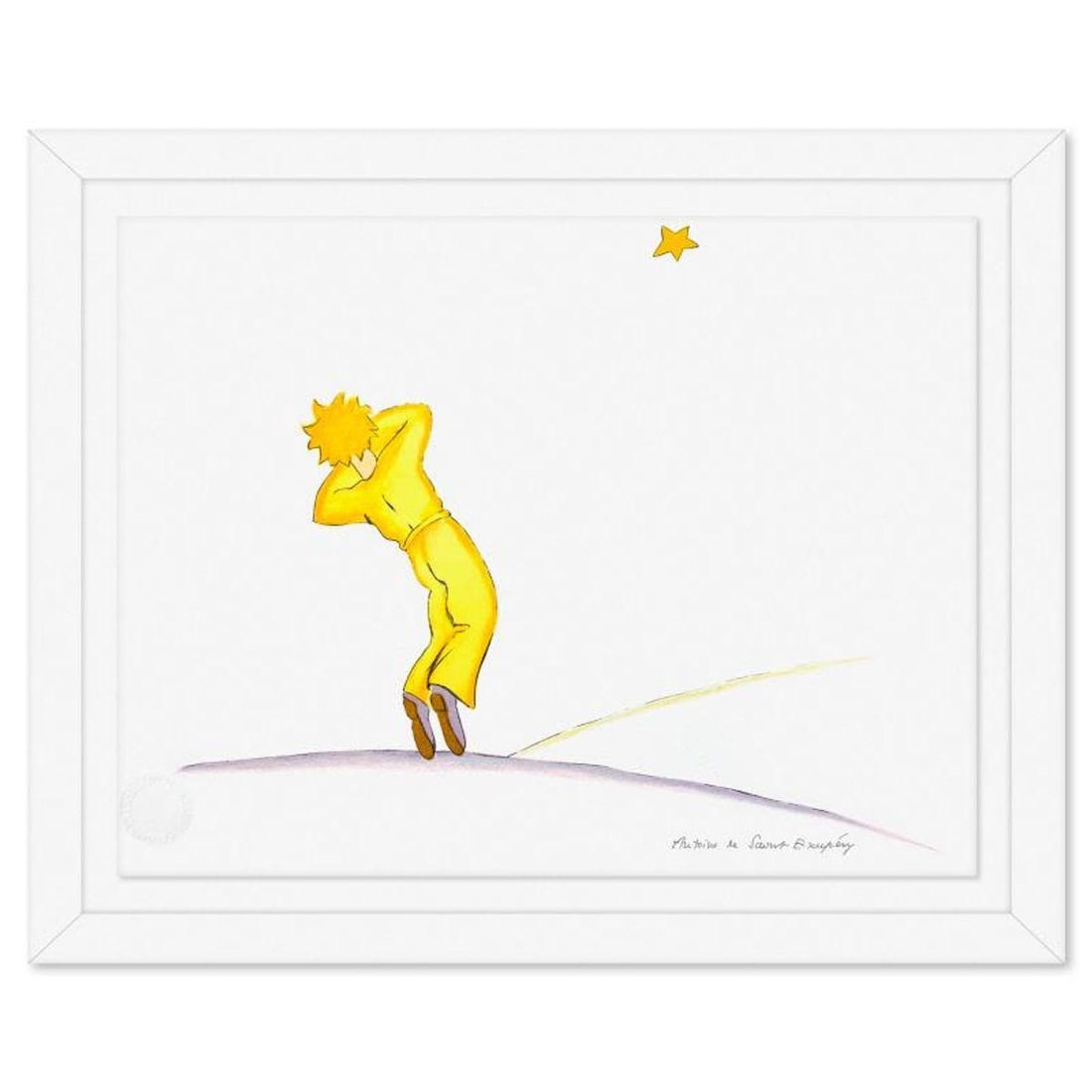 Antoine de Saint-Exupery 1900-1944 (After), "The Little Prince Falling Asleep" Framed Limited: The Little Prince Falling Asleep is a limited edition lithograph on paper by Antoine de Saint-Exupery 1900-1944 (After), bearing the plate signature of the artist.This piece comes from an edition of 3