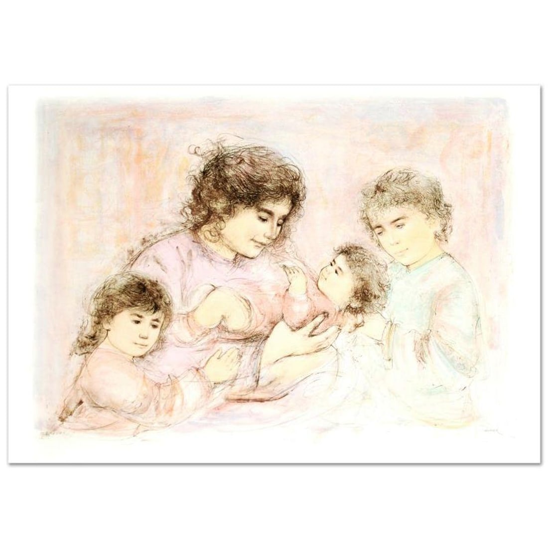 Marilyn and Children Limited Edition Lithograph (37" x 27") by Edna Hibel (1917-2014), Numbered and: Marilyn and Children is a limited edition lithograph on paper, numbered and hand signed by Edna Hibel (1917-2014). Includes Certificate of Authenticity! Measures approx. 41.5" x 30" (with border), 37"