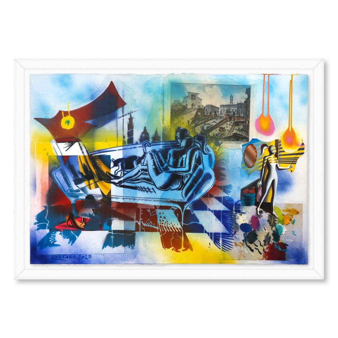 Mark Kostabi- Original Mixed Media on Paper "A New Dawn": Artist: Mark Kostabi. Medium: Original Mixed Media on Paper. Title: A New Dawn. Size: 30" x 44". Measures approx. 35" x 49" (framed). Signature: Hand Signed by the artist. Certificate of Authenticity:
