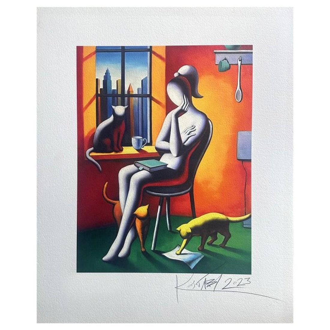 Mark Kostabi, "Feline Dreams" hand signed limited edition serigraph with Certificate of: Feline Dreams is a numbered limited edition serigraph on paper by Mark kostabi. Hand signed by the artist the piece comes with a certificate of authenticity. Measures approximately 19.5" x 15" (image)