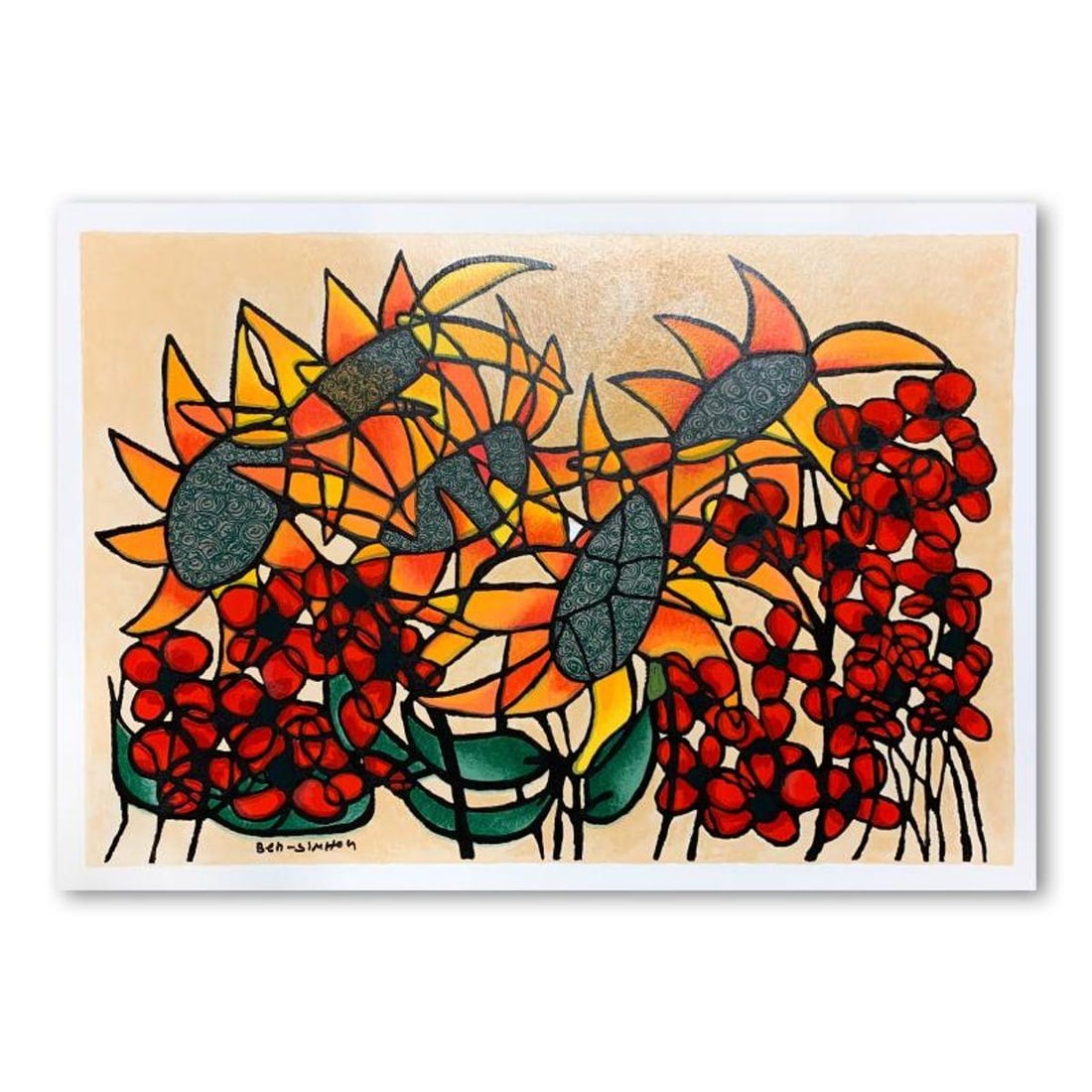 Ben Simhon, "Sunflowers" Hand Signed Limited Edition Serigraph on Paper with Letter of Authenticity.: Sunflowers is a limited edition serigraph on paper by Ben Simhon. It is numbered and hand signed and includes a letter of authenticity. Measures approximately 18" x 27" (image). Reference#: 89877.