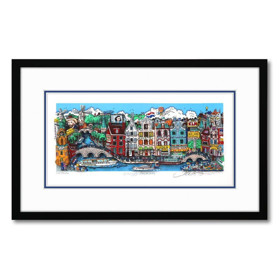 Charles Fazzino- 3D Construction Silkscreen Serigraph "Alluringly Amsterdam (Black)": Artist: Charles Fazzino. Medium: 3D Construction Silkscreen Serigraph. Title: Alluringly Amsterdam (Black). Size: 9" x 18". Measures approx. 15" x 24" (framed). Signature: Hand Signed and Numbered. Ce