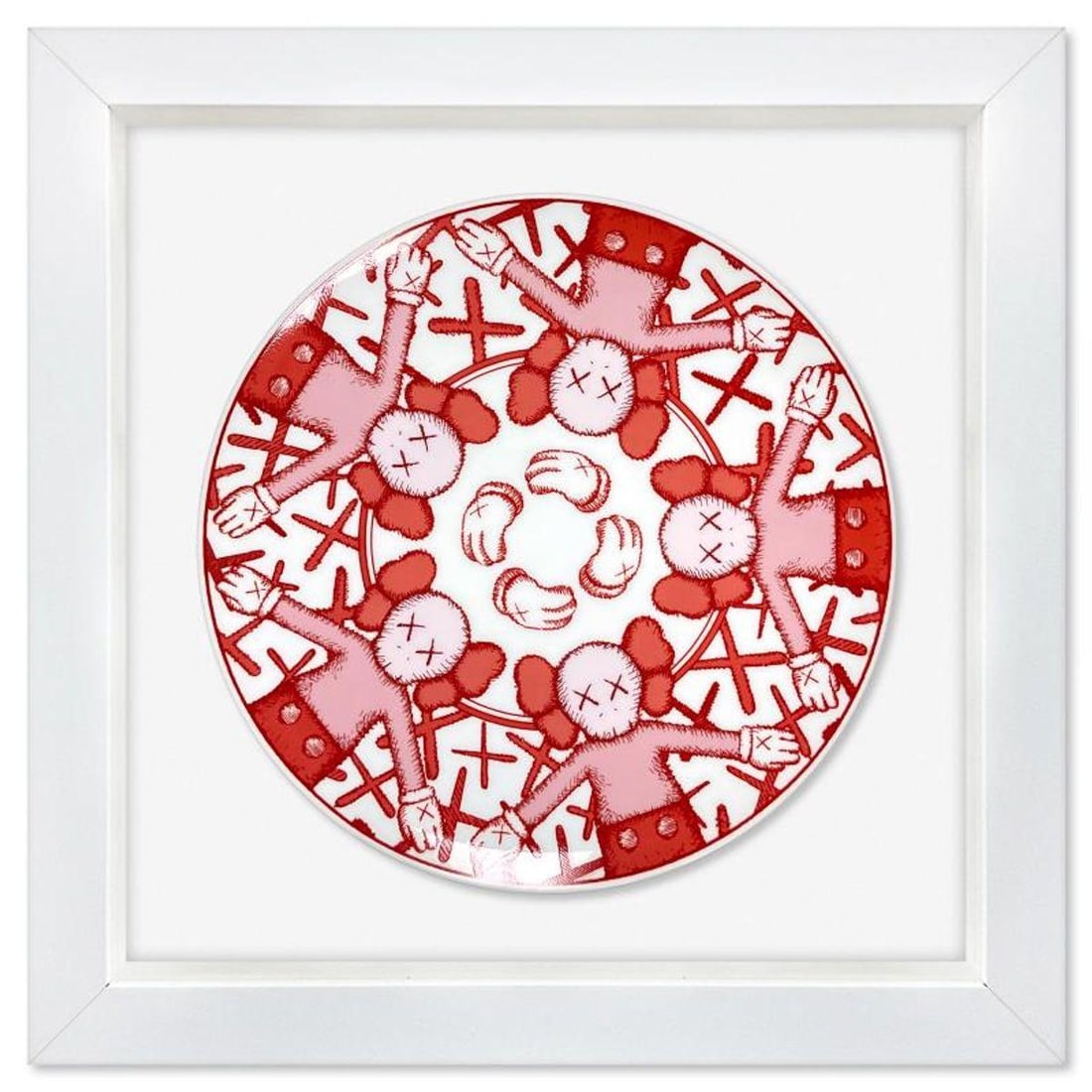 KAWS, Framed Porcelain Plate.: This is a porcelain plate by KAWS. This plate is custom framed and floated on linen. Measures approx. 14.5" x 14.5" (frame), 9" (plate diameter). This item requires special handling and may have a lon