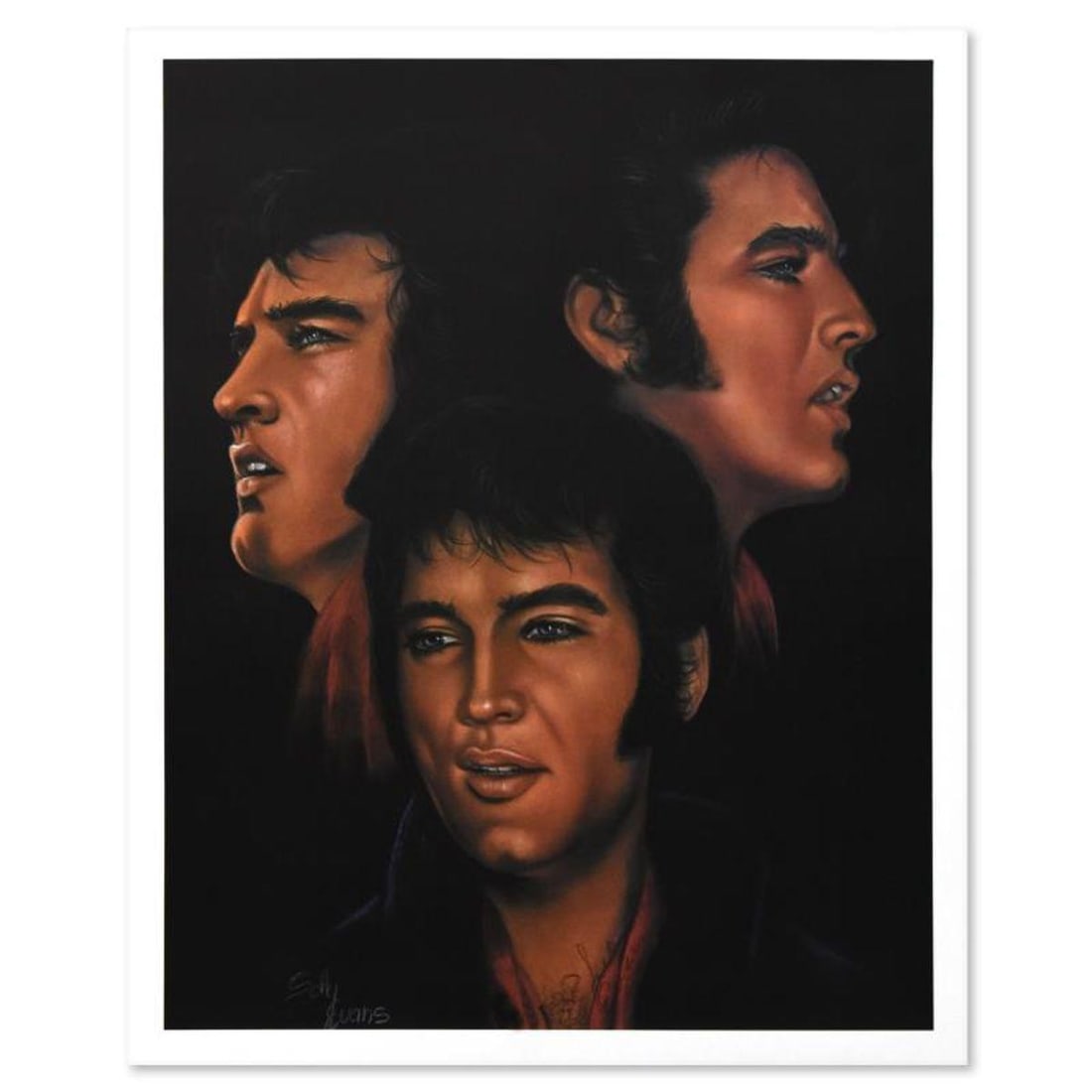 Sally Evans, "Elvis Portrait" Vintage Limited Edition Serigraph, Numbered and Hand Signed with: Elvis Portrait is a vintage limited edition serigraph on paper by Sally Evans, numbered and hand signed by the artist. Includes Letter of Authenticity. Measures approx. 16" x 20" (border); 14" x 17.5"