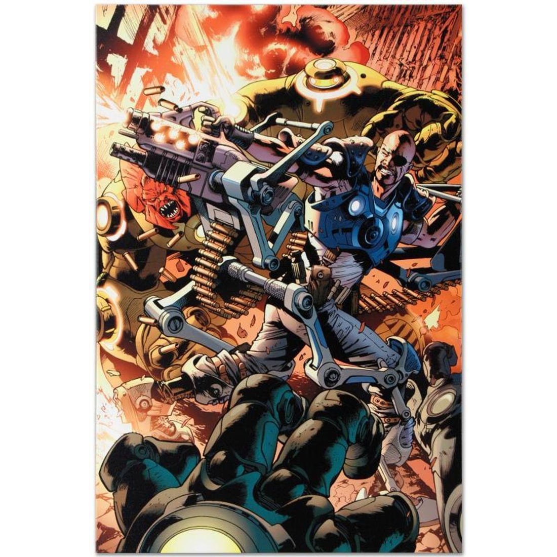 Marvel Comics "Ultimate Doom #1" Numbered Limited Edition Giclee on Canvas by Bryan Hitch with COA.: A piece of comic book history, this limited edition, from original art by Bryan Hitch, depicts an adventure packed scene starring Nick Fury. British artist Bryan Hitch was inspired by comic books at a