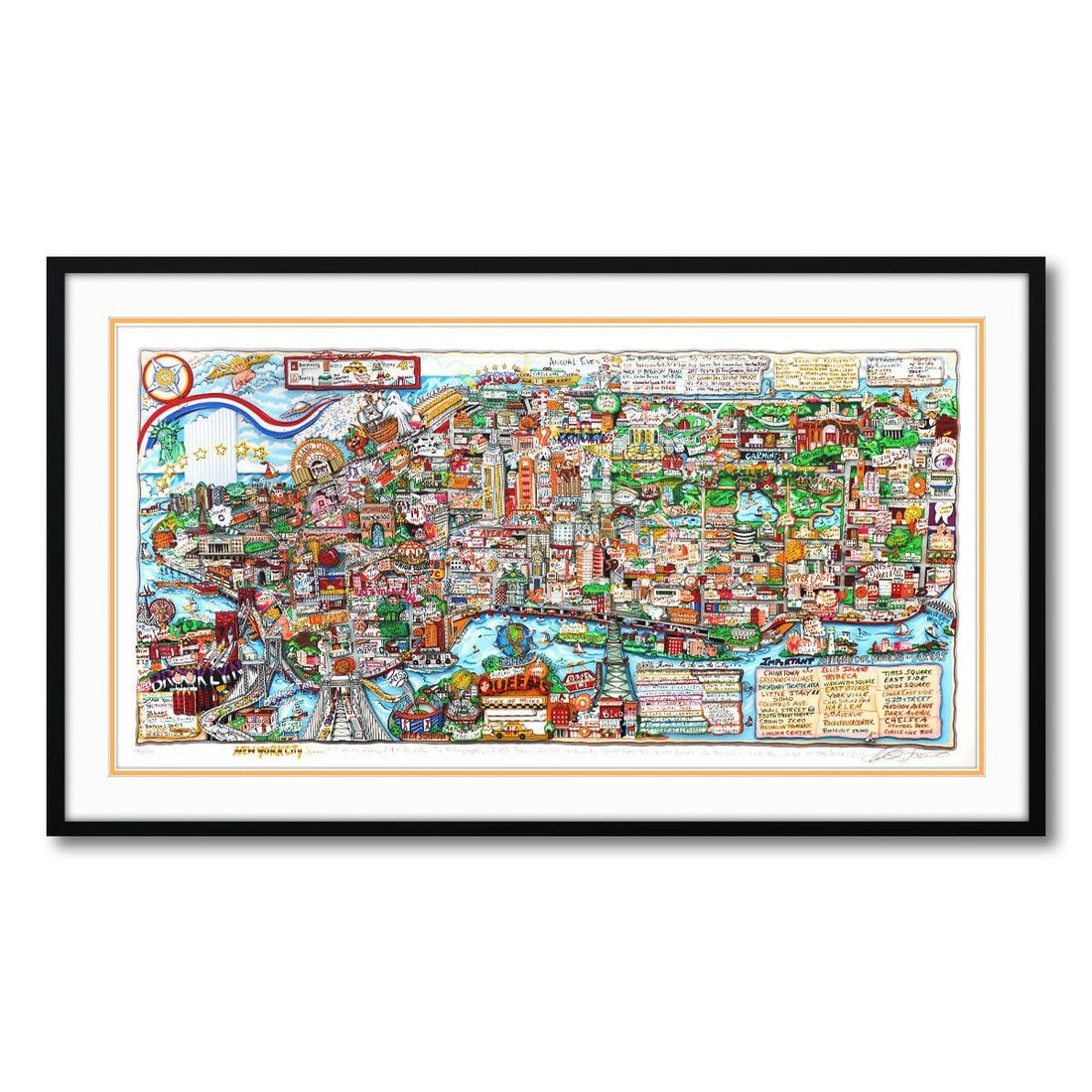 Charles Fazzino- 3D Construction Silkscreen Serigraph "NY IS...": Artist: Charles Fazzino. Medium: 3D Construction Silkscreen Serigraph. Title: NY IS.... Size: 22" x 43". Measures approx. 29" x 49" (framed). Signature: Hand Signed and Numbered. Certificate of Authen