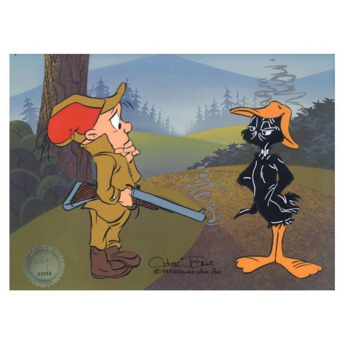 Chuck Jones "Daffy And Elmer: Beakhead" Hand Signed, Hand Painted Limited Edition Sericel.: Daffy And Elmer: Beakhead is a limited edition animation cel with hand painted coloring on sericel outline. The piece is numbered, hand signed by Chuck Jones (1912-2002), and includes a Certificate of