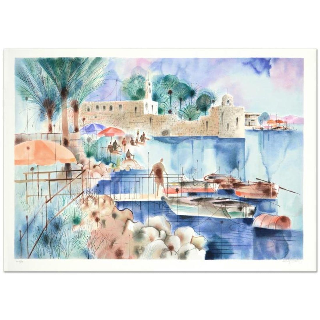 Shmuel Katz (1926-2010), "Sea of Galilee" Limited Edition Serigraph Numbered and Hand Signed with: Sea of Galilee is a limited edition serigraph on paper by Shmuel Katz (1926-2010), numbered and hand signed by the artist! Measures approx. 38" x 27 (with border), 35 x 24" (image). Reference#: 91148.