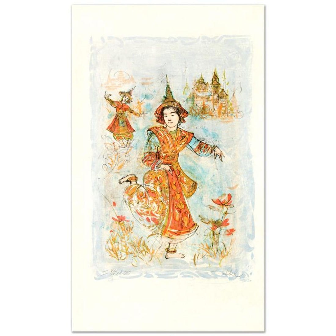 Thai Dancers Limited Edition Lithograph by Edna Hibel (1917-2014), Numbered and Hand Signed with: Thai Dancers is a limited edition lithograph on rice paper, numbered and hand signed by Edna Hibel (1917-2014). Includes Certificate of Authenticity! Measures approx. 15" x 25" (with border), 12" x 18