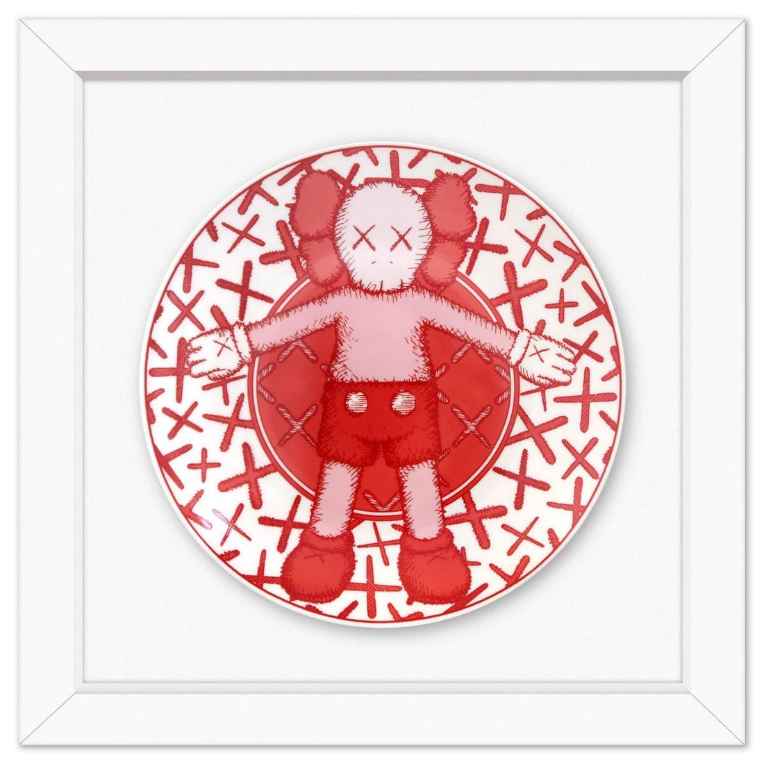 Kaws- Porcelain Plate: Artist: Kaws. Medium: Porcelain Plate. Size: 9" x 9". Measures approx. 13" x 13" (framed). Certificate of Authenticity: Is included. Reference#: 49176.