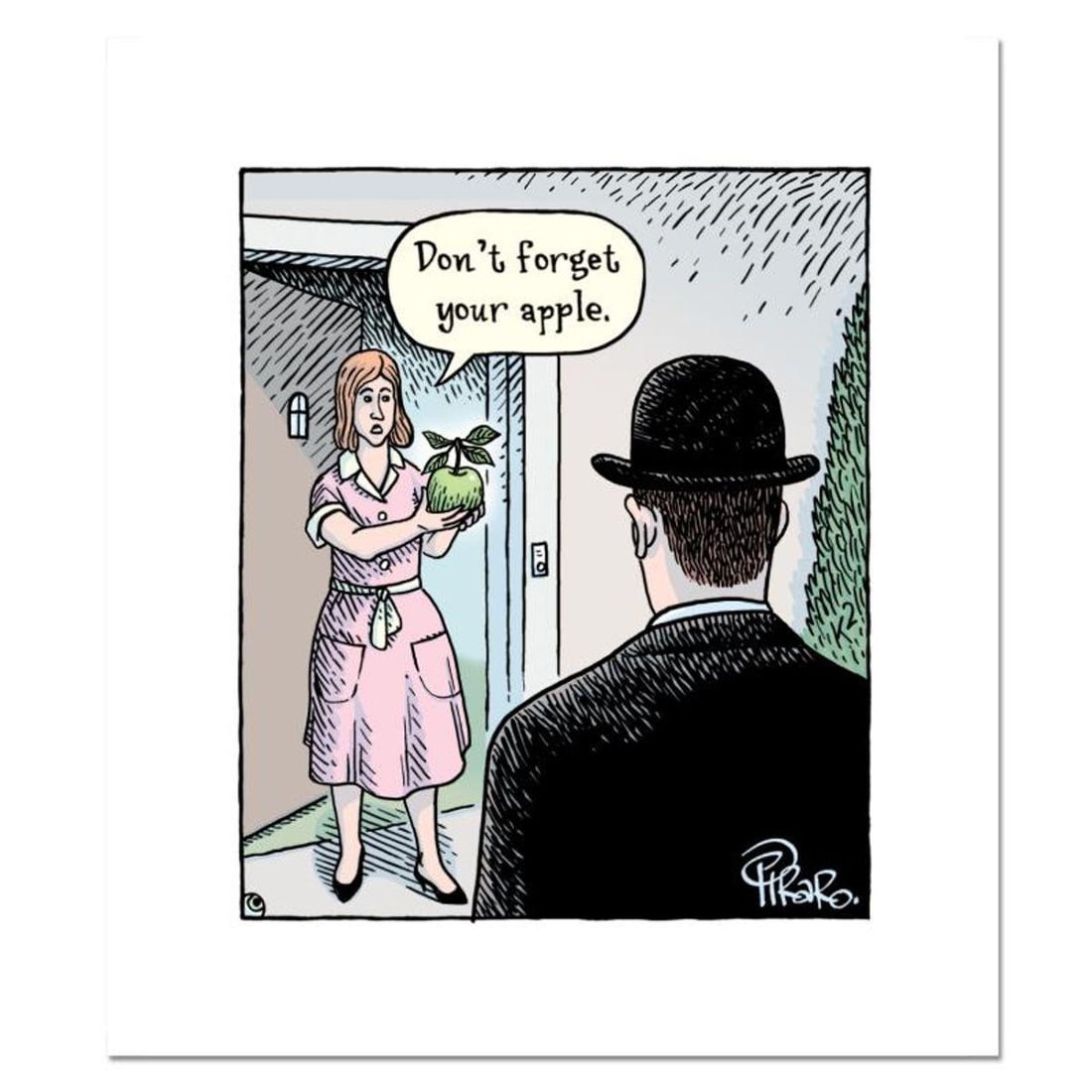 Bizarro, "Magritte Apple" Numbered Limited Edition Hand Signed by Creator Dan Piraro; Letter of: Magritte Apple is a limited edition giclee on paper by Dan Piraro, creator of the critically acclaimed and award winning comic strip, Bizarro! This piece is numbered and hand signed by the artist and