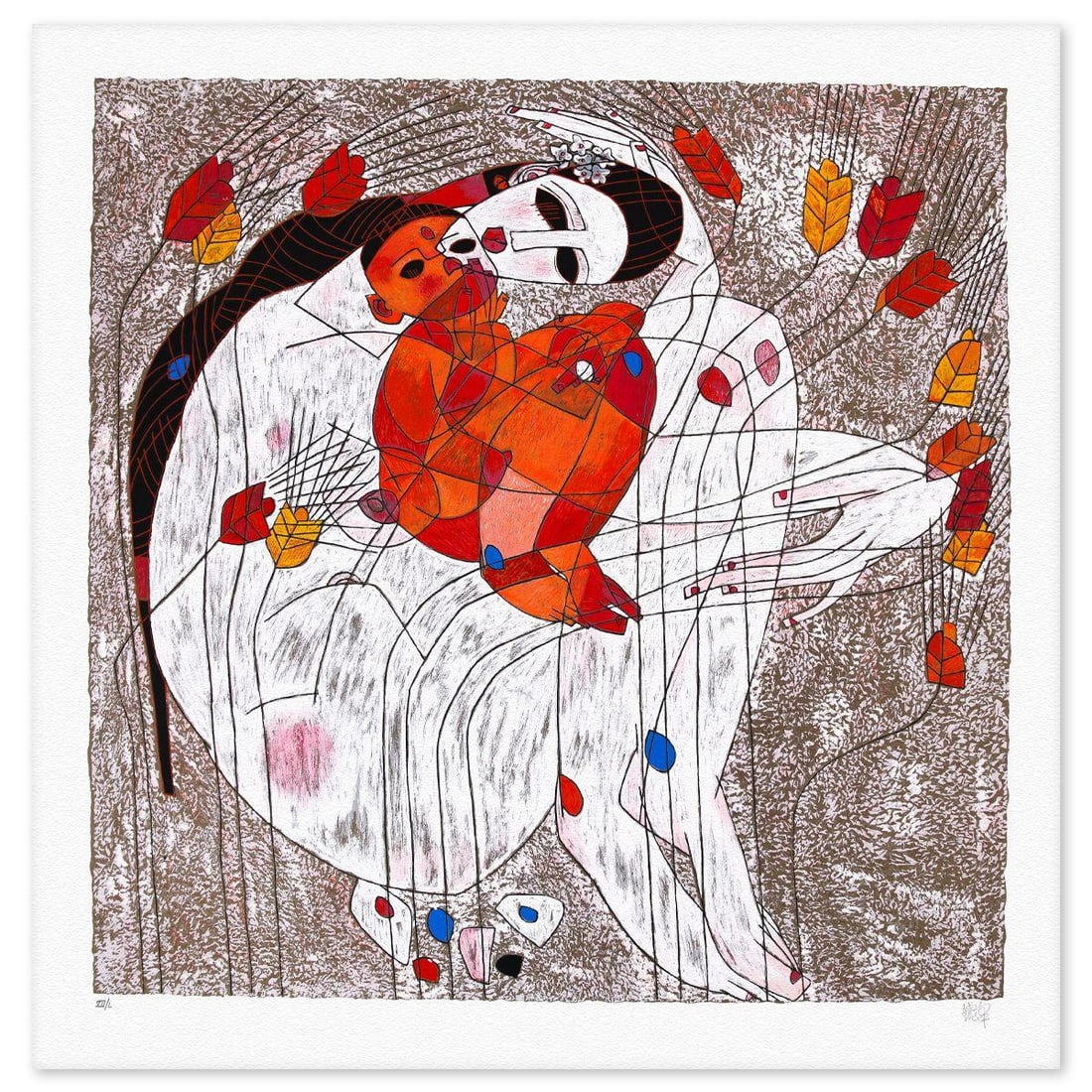 Jian Tie Feng- Serigraph "Mother and Child": Artist: Jian Tie Feng. Medium: Serigraph. Title: Mother and Child. Size: 41" x 41". Signature: Hand Signed and Numbered. Reference#: 80531.