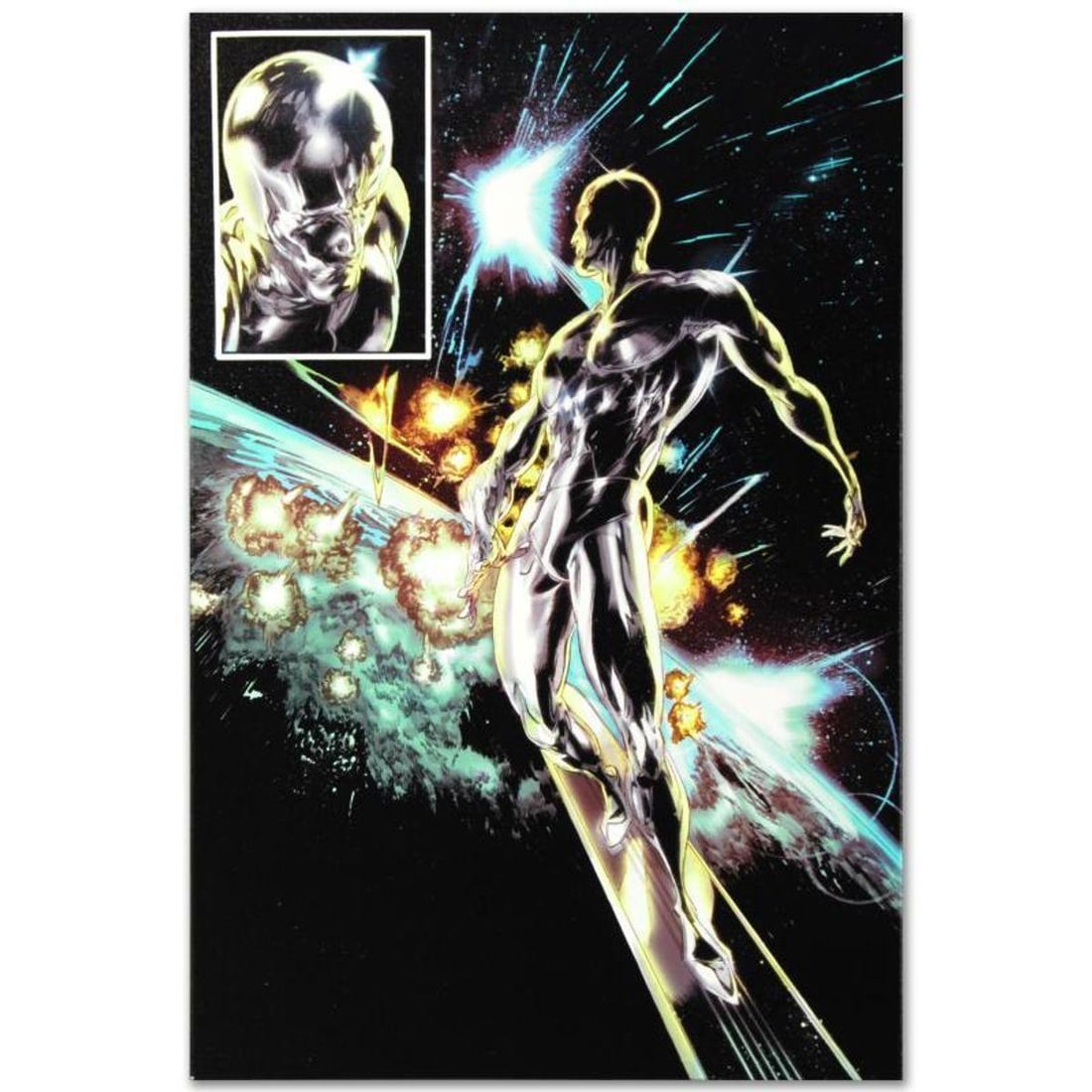 Marvel Comics "Silver Surfer: In Thy Name #4" Numbered Limited Edition Giclee on Canvas by Tan Eng: A piece of comic book history, this limited edition, from original art by Tan Eng Huat, depicts the famous Silver Surfer. Named 'Best New Talent' in the National Comics Awards (NCA) 2002, Tan Eng