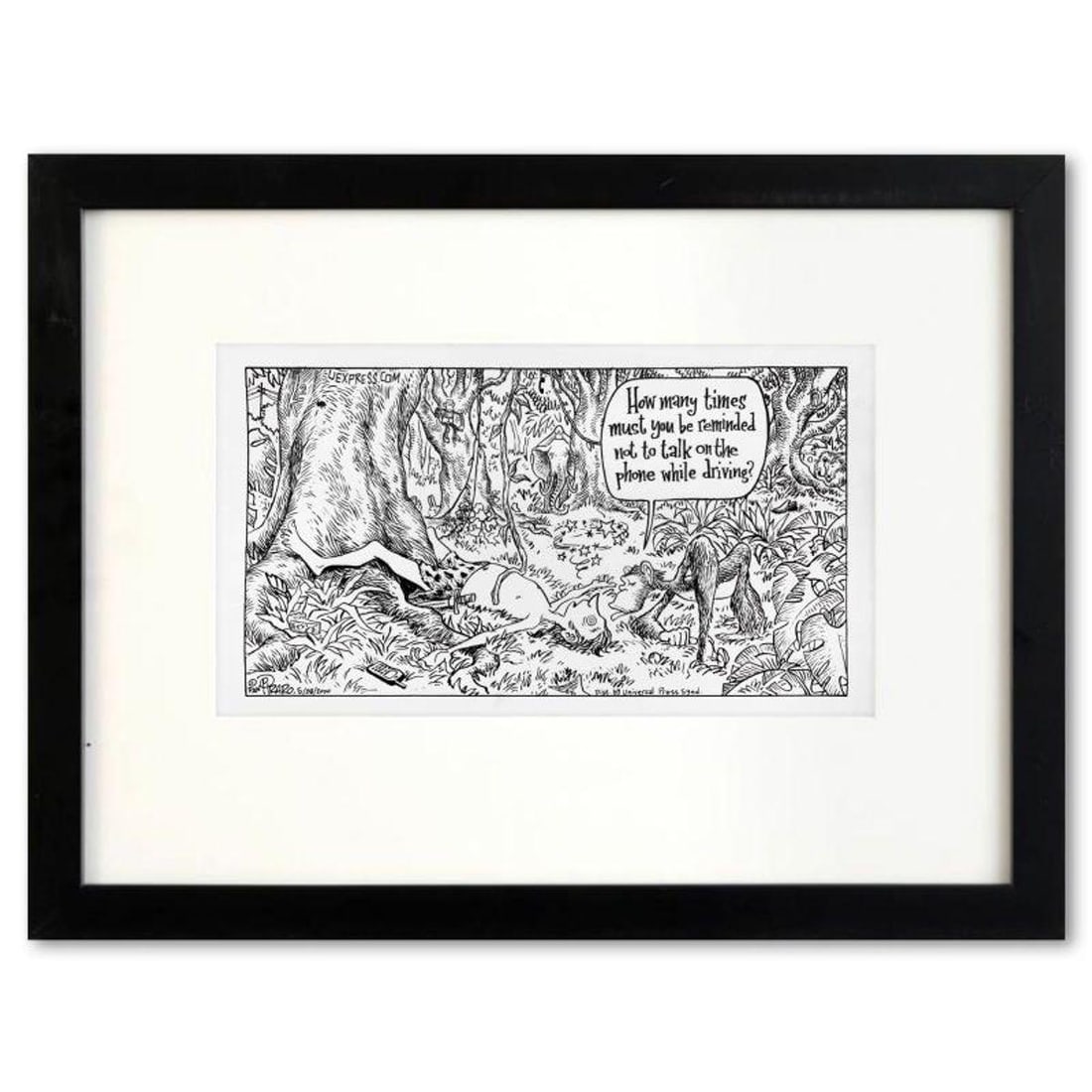 Bizarro, "Tarzan Distracted" is a Framed Original Pen & Ink Drawing by Dan Piraro, Hand Signed with: Enter a surreal and satirical world of twisted imagination and award winning creativity. "Tarzan Distracted" is an original pen & ink drawing on paper by Dan Piraro, creator of the critically acclaime