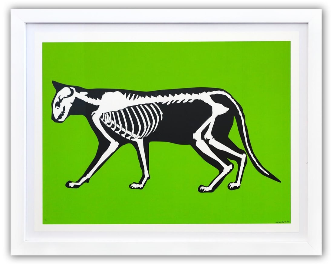 Hijack- Silkscreen "Skeleton Cat": Artist: Hijack. Medium: Silkscreen. Title: Skeleton Cat. Size: 22" x 29". Measures approx. 28" x 35" (framed). Signature: Hand Signed and numbered by the artist. Certificate of Authenticity: Is includ
