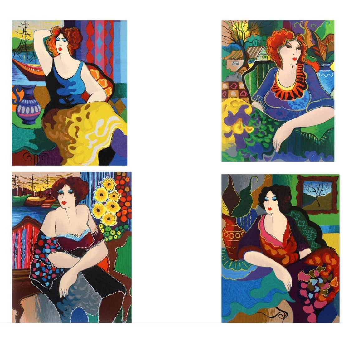 Patricia Govezensky- Set of 4 Serigraph on Paper "Gloria, Katy, Sitting Pretty, Mary": Artist: Patricia Govezensky. Medium: Set of 4 Serigraph on Paper. Title: Gloria, Katy, Sitting Pretty, Mary. Size: 10" x 7.5". Signature: Hand Signed by the Artist. Certificate of Authenticity: From t