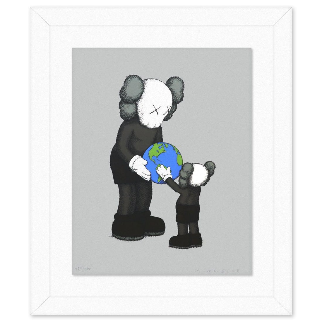 Kaws- Screenprint in colours "The Promise": Artist: Kaws. Medium: Screenprint in colours. Title: The Promise. Size: 20" x 16". Measures approx. 27" x 23" (framed). Signature: Hand signed and numbered 324/500. Certificate of Authenticity: Is inc