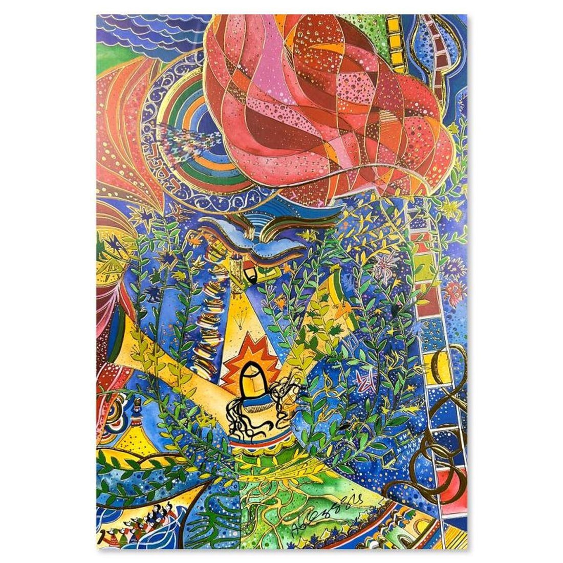 Rafael Abecassis, "Burning Bush" Hand Signed, Numbered Limited Edition Mixed Media with Letter of: Burning Bush is a limited edition mixed media, lithograph and foil, on paper by Rafael Abecassis. The piece comes hand signed by the artist, numbered, and with a letter of authenticity. Measures appro