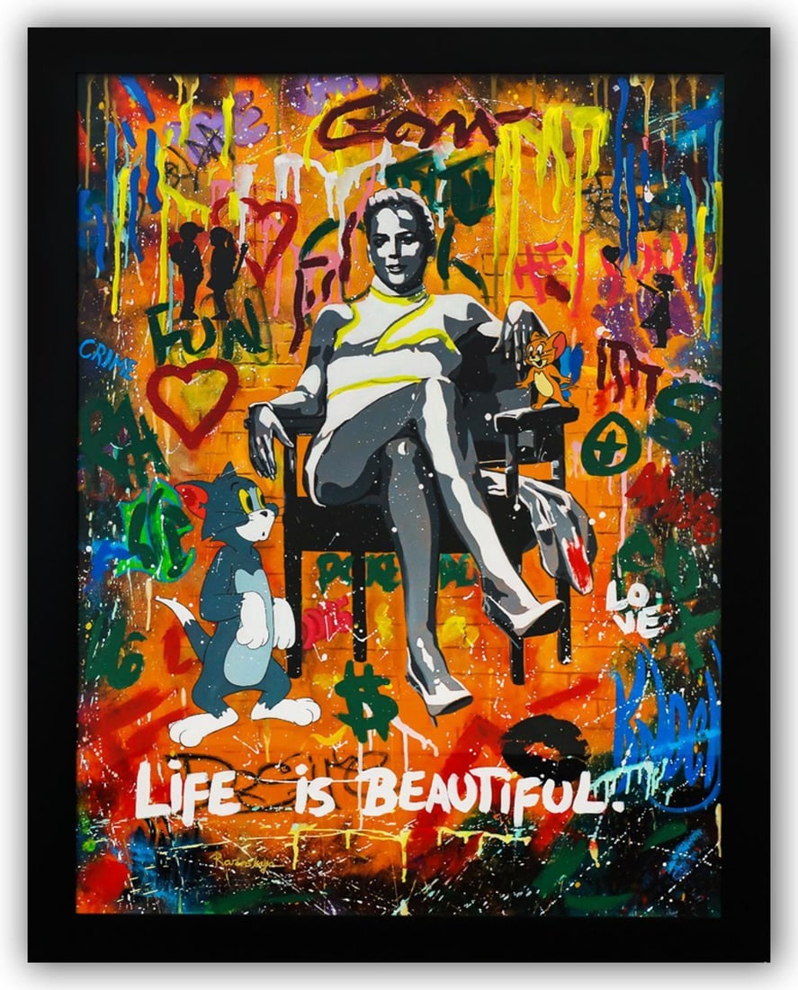 Nastya Rovenskaya- Original Mixed Media on Paper "Basic Instinct": Artist: Nastya Rovenskaya. Medium: Original Mixed Media on Paper. Title: Basic Instinct. Size: 50" x 38". Measures approx. 56" x 44" (framed). Signature: Hand Signed by the artist. Certificate of Auth