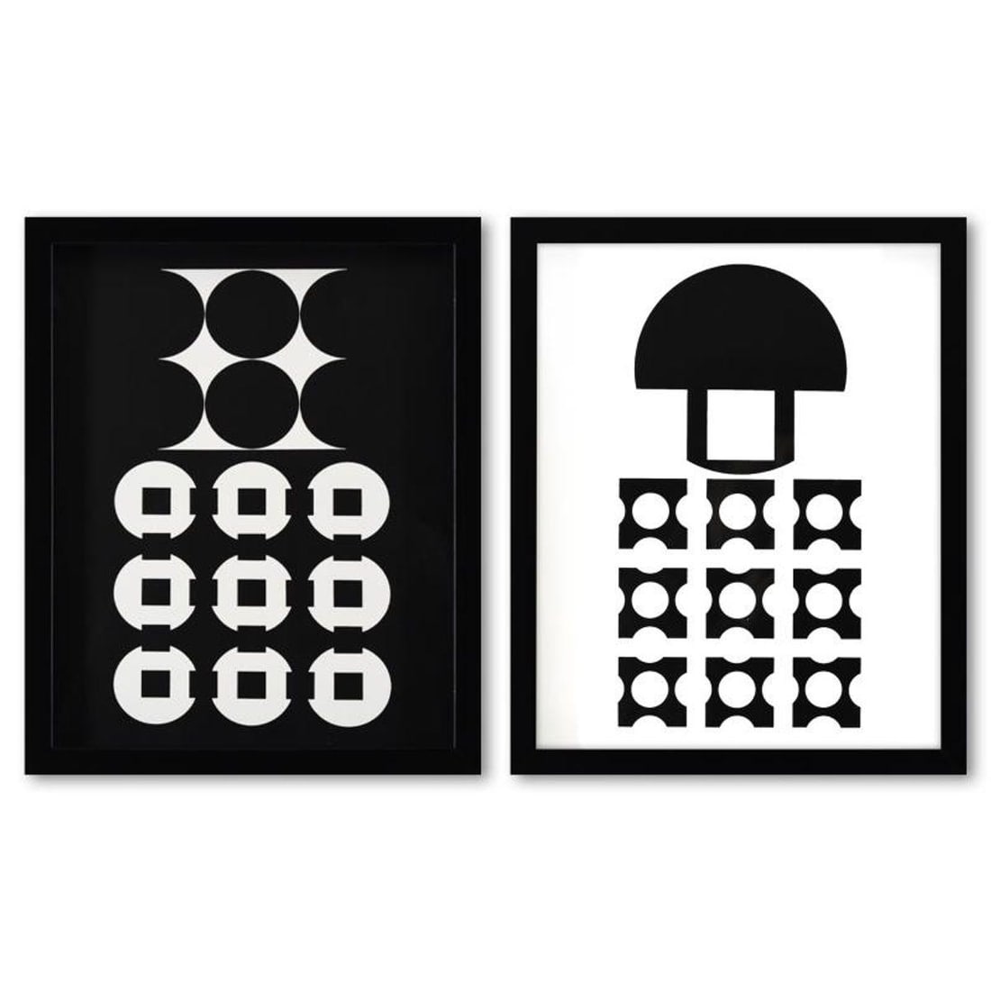 Victor Vasarely (1908-1997), "Mimas et Canopus de la serie Corpusculaires (Diptych)" Framed 1973: Mimas et Canopus de la serie Corpusculaires (Diptych) is a set of heliogravure prints on paper, published in 1973, by Victor Vasarely (1908-1997). These pieces come custom framed, with a letter of aut