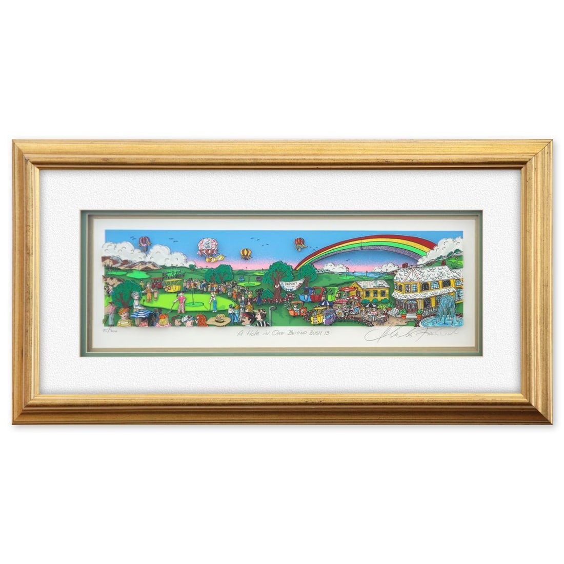 Charles Fazzino- 3D Construction Silkscreen Serigraph "A Hole in One BEHIND BUSH 13": Artist: Charles Fazzino. Medium: 3D Construction Silkscreen Serigraph. Title: A Hole in One BEHIND BUSH 13. Size: 8" x 23". Measures approx. 16" x 31" (framed). Signature: Hand Signed and numbered. Ce