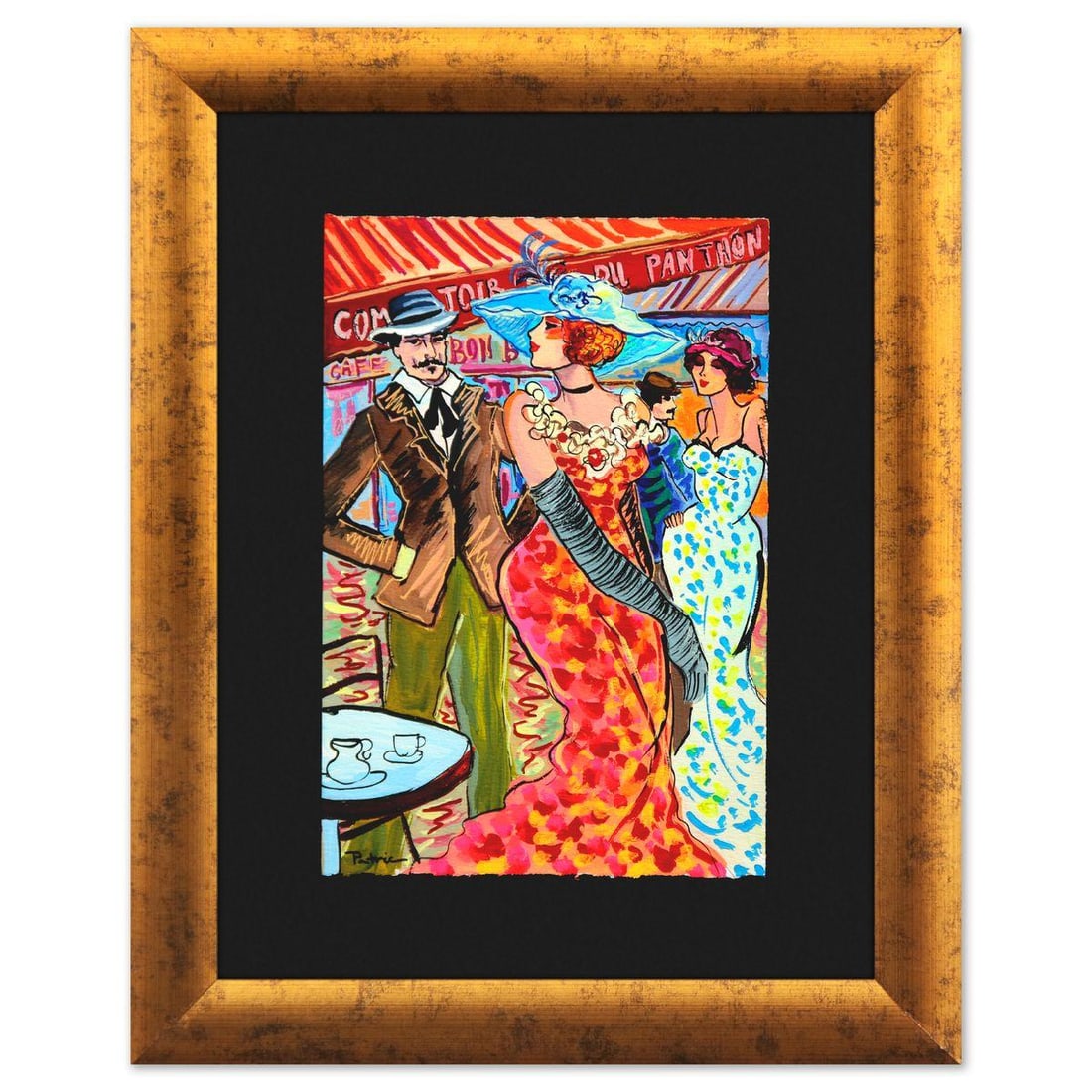 Patricia Govezensky- Original Watercolor "Elegance at the Terrace": Artist: Patricia Govezensky. Medium: Original Watercolor. Title: Elegance at the Terrace. Size: 11" x 7". Measures approx. 18" x 14" (framed). Signature: Hand signed. Certificate of Authenticity: Is i