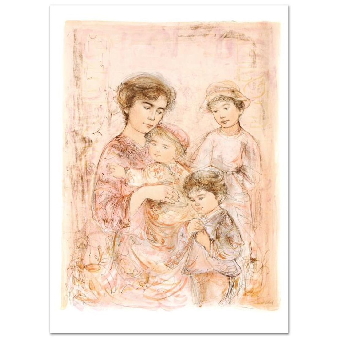 Lotte and Her Children Limited Edition Lithograph (27" x 37.5") by Edna Hibel (1917-2014), Numbered: Lotte and Her Children is a limited edition lithograph on paper, numbered and hand signed by Edna Hibel (1917-2014). Includes Certificate of Authenticity! Measures approx. 30" x 42" (with border),